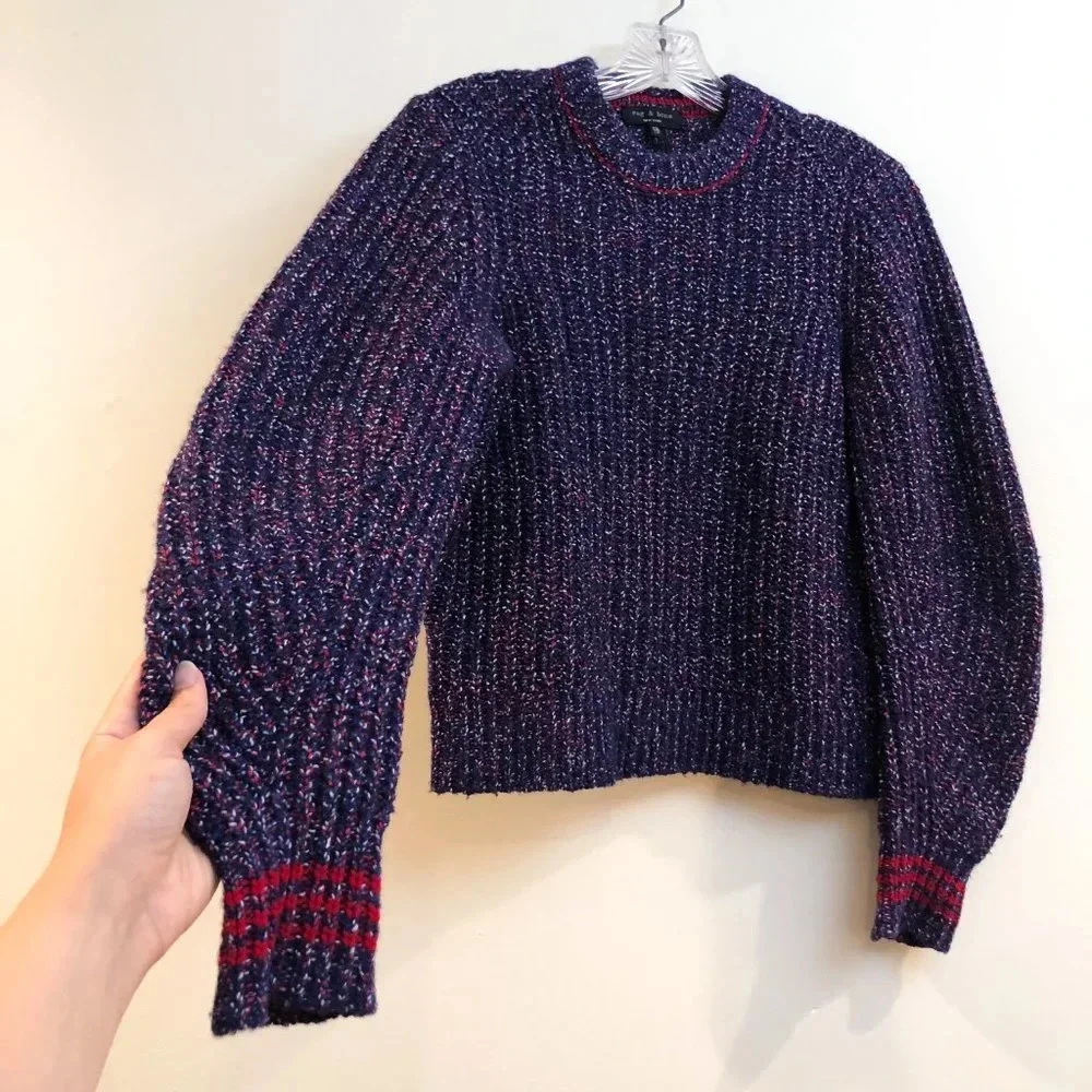 Rag & Bone Merino Wool Blend Blue Red Striped Tight Knit Pullover Sweater XS - Picture 5 of 12
